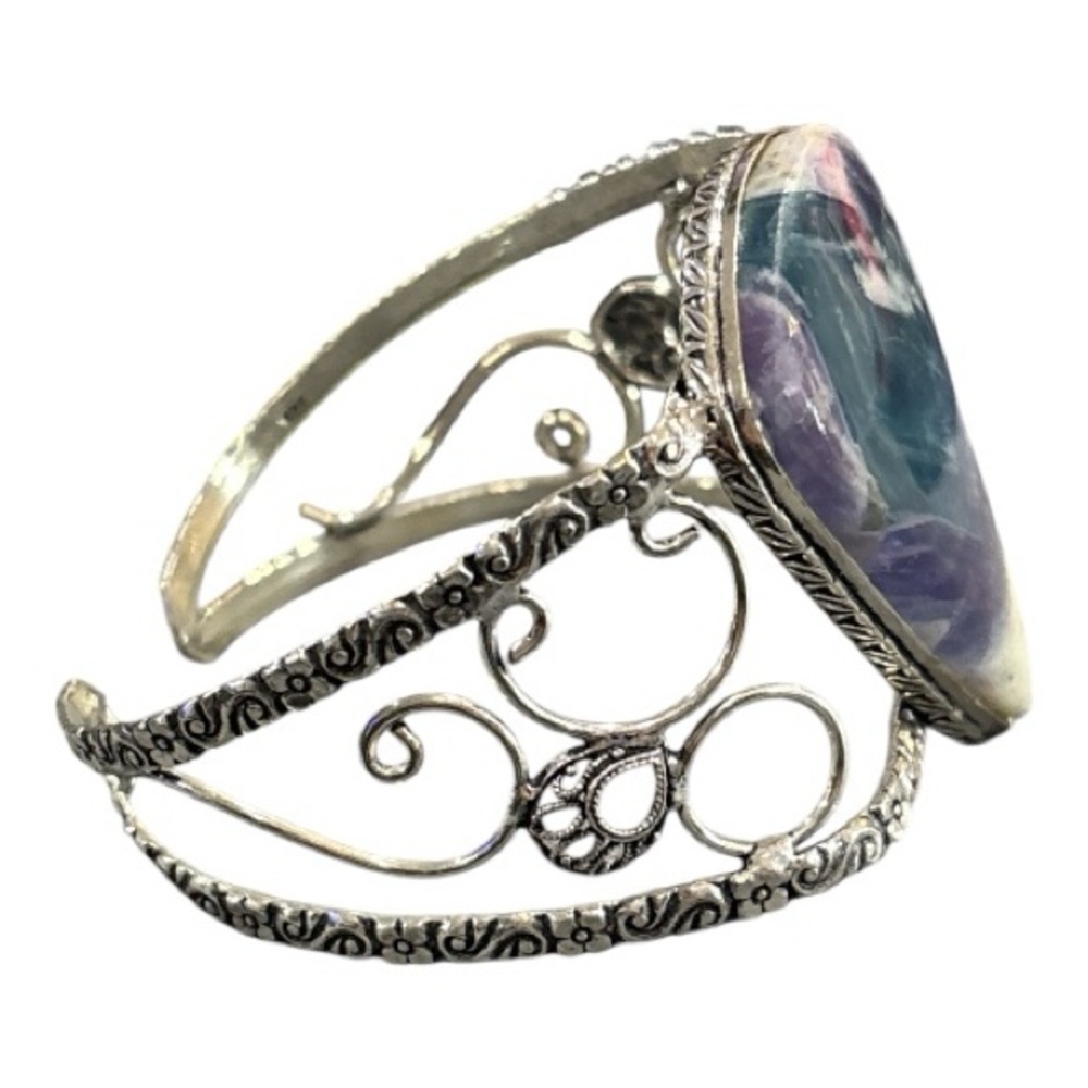 925 Sterling Silver Rainbow Fluorite Pear Shaped Gemstone Boho Cuff Bracelet - Picture 5 of 12